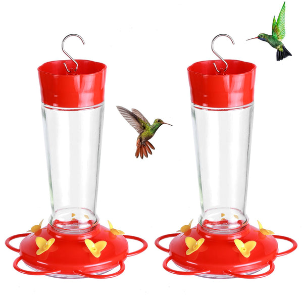 Urban Deco Glass Hummingbird Feeder for Outdoor Hanging Bird Feeder, 5 Feeding Port Bird Water Feeder, 10-Oz Nectar Capacity Mason Jar Hummingbird Feeder (Red - Pack of 2)