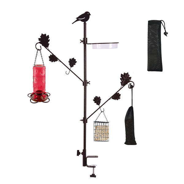 Urban Deco Deck Pole Porch Multi-Hook Bird Feeder Hooks for Deck Kit with Feeder Polyester and with 2 Adjustable Branches and Plastic Water Bowl