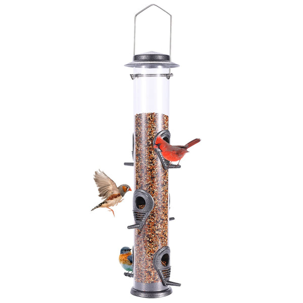 MIXXIDEA Metal Wild Bird Feeders, Squirrel Proof, Hanging 6 Port Tube Transparent Finch Feeders for Attracting Birds in Your Lawn, Garden, Balcony Coffee