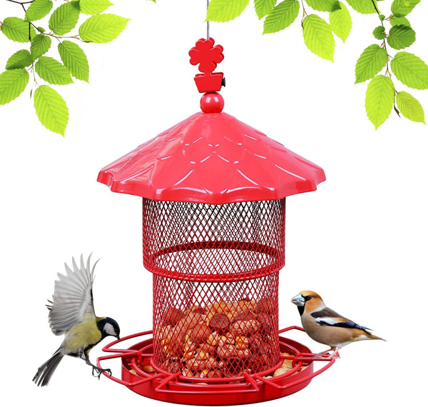 Metal Bird Feeder Tube Hanging Bird Seed Feeder Squirrel Proof Birds Feeder for Outside Decoration, Large Capacity Feeder for Outdoor Garden,Red