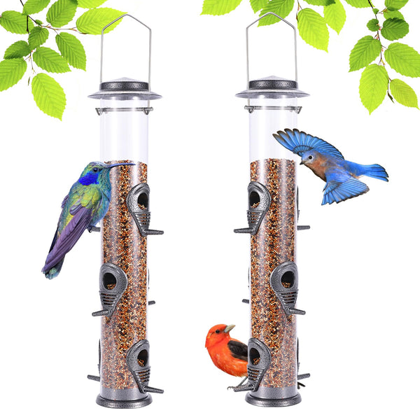 MIXXIDEA 2PK Metal Wild Bird Feeder Squirrel Proof Bird Feeders for Outside Hanging 6 Port Tube Bird Feeder Transparent Finch Feeder with Steel Hanger (Coffee)