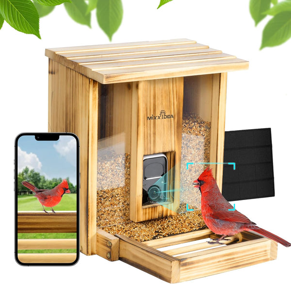 MIXXIDEA Wooden Bird Feeder with Camera, Smart Bird Feeder with Solar Panel, AI Identify Over 10000 Birds Species, 2K HD+ Video, Cloud Storage, Large Capacity, Ideal for Nature Lover