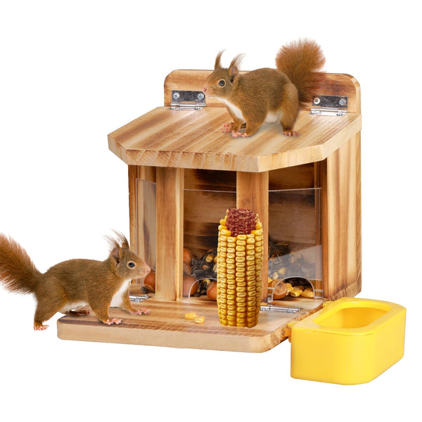 MIXXIDEA Wooden Squirrel Feeder with Water Bowl, Large Capacity Squirrels Feeders for Outside, Sturdy Construction, No Assembly Lovely Chipmunk Feeder for Corn, Peanut, Nuts, Chestnuts (White-1pk)