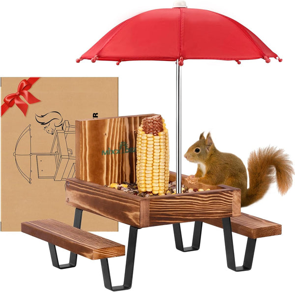 MIXXIDEA Squirrel Feeder Table, Wooden Squirrel Picnic tbale Feeder, Sturdy Squirrel Feeders for Outside with Solid Structure Chipmunk Feeder with Corn Cob Holder