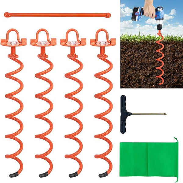 MIXXIDEA Metal Ground Stakes Spiral Ground Anchors -10.6 in - 4pk- Orange