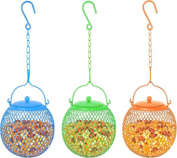 Urban Deco Set of 3 Ball Bird Feeder - Metal Squirrel Proof Feeders for Seed - Outside Hanging Decoration Garden, Green, Blue, Orange